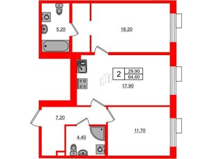 Квартира в ЖК Парусная 1, 2 комнатная, 64.6 м², 2 этаж