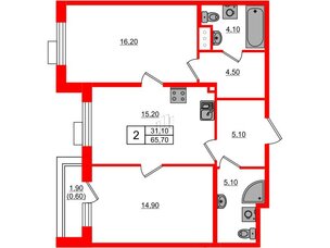 Квартира в ЖК Парусная 1, 2 комнатная, 65.7 м², 2 этаж