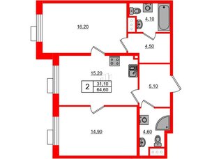 Квартира в ЖК Парусная 1, 2 комнатная, 64.6 м², 4 этаж