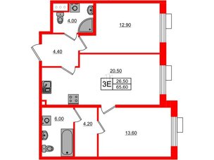 Квартира в ЖК Парусная 1, 2 комнатная, 65.6 м², 2 этаж