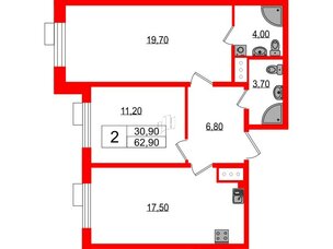 Квартира в ЖК Парусная 1, 2 комнатная, 62.9 м², 7 этаж