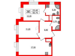 Квартира в ЖК Парусная 1, 2 комнатная, 56.7 м², 7 этаж
