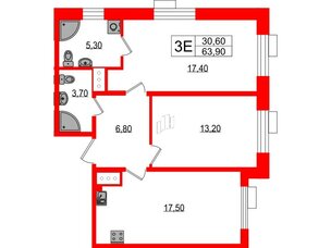 Квартира в ЖК Парусная 1, 2 комнатная, 63.9 м², 2 этаж