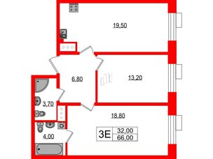 Квартира в ЖК Парусная 1, 2 комнатная, 66 м², 4 этаж