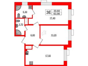 Квартира в ЖК Парусная 1, 2 комнатная, 63.9 м², 2 этаж