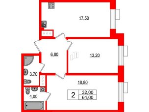Квартира в ЖК Парусная 1, 2 комнатная, 64 м², 2 этаж