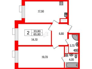 Квартира в ЖК Парусная 1, 2 комнатная, 65.8 м², 2 этаж