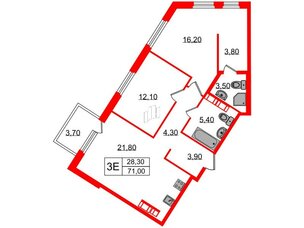 Квартира в ЖК Куинджи, 2 комнатная, 71 м², 7 этаж