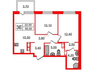Квартира в ЖК Куинджи, 2 комнатная, 58.5 м², 3 этаж