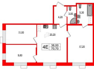 Квартира в ЖК Парусная 1, 3 комнатная, 70.7 м², 7 этаж