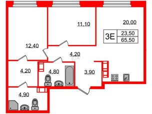 Квартира в ЖК Куинджи, 2 комнатная, 67.1 м², 2 этаж