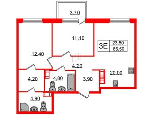 Квартира в ЖК Куинджи, 2 комнатная, 67.2 м², 3 этаж