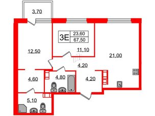 Квартира в ЖК Куинджи, 2 комнатная, 69.3 м², 3 этаж