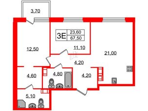 Квартира в ЖК Куинджи, 2 комнатная, 69.3 м², 4 этаж