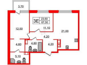 Квартира в ЖК Куинджи, 2 комнатная, 69.3 м², 7 этаж