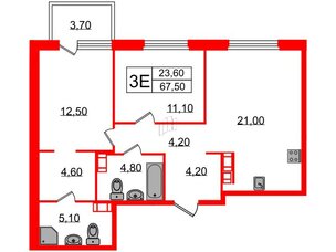 Квартира в ЖК Куинджи, 2 комнатная, 69.3 м², 8 этаж