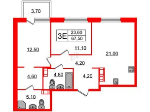 Квартира в ЖК Куинджи, 2 комнатная, 69.3 м², 11 этаж