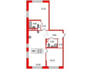 Квартира в ЖК Куинджи, 2 комнатная, 88.2 м², 2 этаж