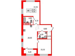 Квартира в ЖК Куинджи, 2 комнатная, 82 м², 3 этаж