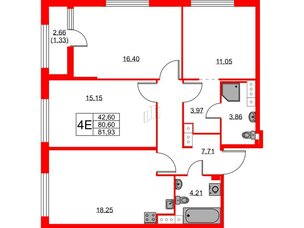Квартира в ЖК Академик, 3 комнатная, 81.93 м², 11 этаж