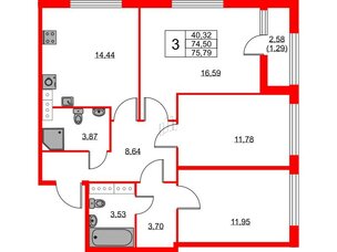 Квартира в ЖК Академик, 3 комнатная, 75.79 м², 10 этаж