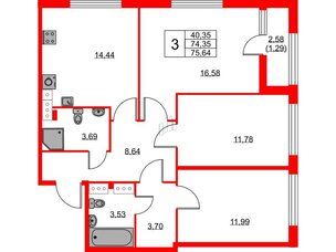 Квартира в ЖК Академик, 3 комнатная, 75.64 м², 12 этаж