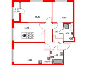 Квартира в ЖК Академик, 3 комнатная, 82.09 м², 10 этаж