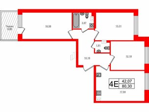 Квартира в ЖК Счастье 2.0, 3 комнатная, 80.3 м², 1 этаж