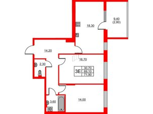 Квартира в ЖК Riviera club, 2 комнатная, 71.9 м², 3 этаж