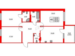 Квартира в ЖК Riviera club, 3 комнатная, 102.3 м², 4 этаж