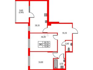 Квартира в ЖК Riviera club, 2 комнатная, 72.8 м², 3 этаж