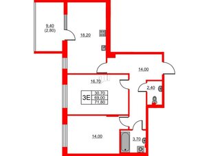 Квартира в ЖК Riviera club, 2 комнатная, 71.8 м², 3 этаж