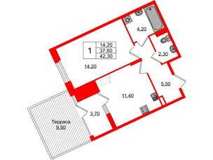 Квартира в ЖК Экография, 1 комнатная, 42.3 м², 1 этаж