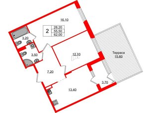 Квартира в ЖК Экография, 2 комнатная, 62 м², 1 этаж