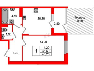 Квартира в ЖК Экография, 1 комнатная, 40.2 м², 1 этаж