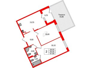 Квартира в ЖК Экография, 2 комнатная, 61.8 м², 1 этаж
