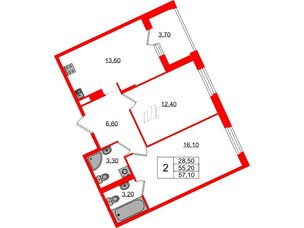 Квартира в ЖК Экография, 2 комнатная, 57.1 м², 3 этаж