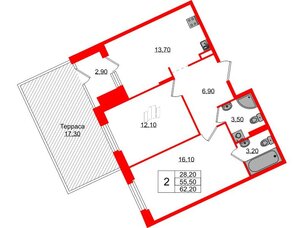 Квартира в ЖК Экография, 2 комнатная, 62.2 м², 1 этаж