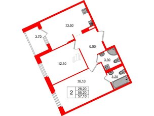 Квартира в ЖК Экография, 2 комнатная, 57.1 м², 3 этаж