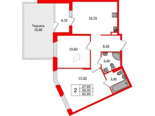 Квартира в ЖК Экография, 2 комнатная, 62.8 м², 1 этаж