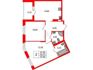 Квартира в ЖК Экография, 2 комнатная, 57.8 м², 3 этаж