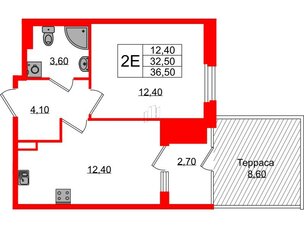 Квартира в ЖК Экография, 1 комнатная, 36.5 м², 1 этаж