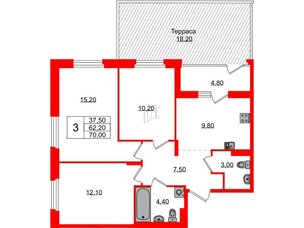 Квартира в ЖК Экография, 3 комнатная, 70 м², 1 этаж