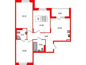 Квартира в ЖК Экография, 3 комнатная, 77.7 м², 3 этаж