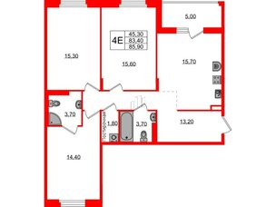 Квартира в ЖК Экография, 3 комнатная, 83.4 м², 3 этаж