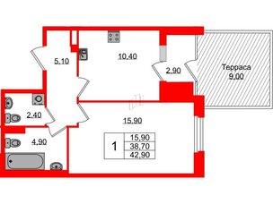 Квартира в ЖК Экография, 1 комнатная, 42.9 м², 1 этаж