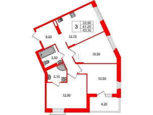 Квартира в ЖК Экография, 3 комнатная, 63.3 м², 3 этаж