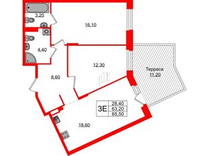 Квартира в ЖК Экография, 2 комнатная, 65.5 м², 1 этаж