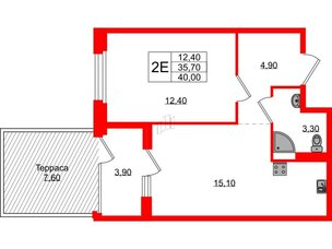 Квартира в ЖК Экография, 1 комнатная, 40 м², 1 этаж