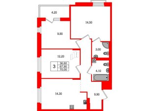 Квартира в ЖК Экография, 3 комнатная, 70 м², 2 этаж